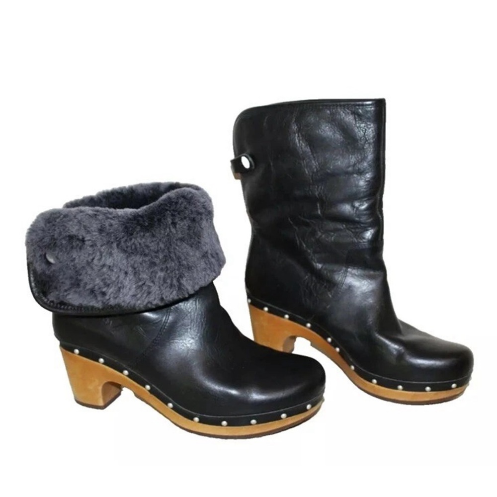 UGG Black on Black Lynnae Leather Shearling Fold Over Boot Wood Heel Women's 6B